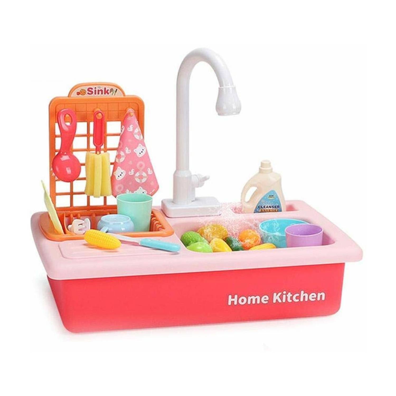 ASHOOJATEX Play Sink with Running Water, Pretend Play Washbasin Toys Set pink