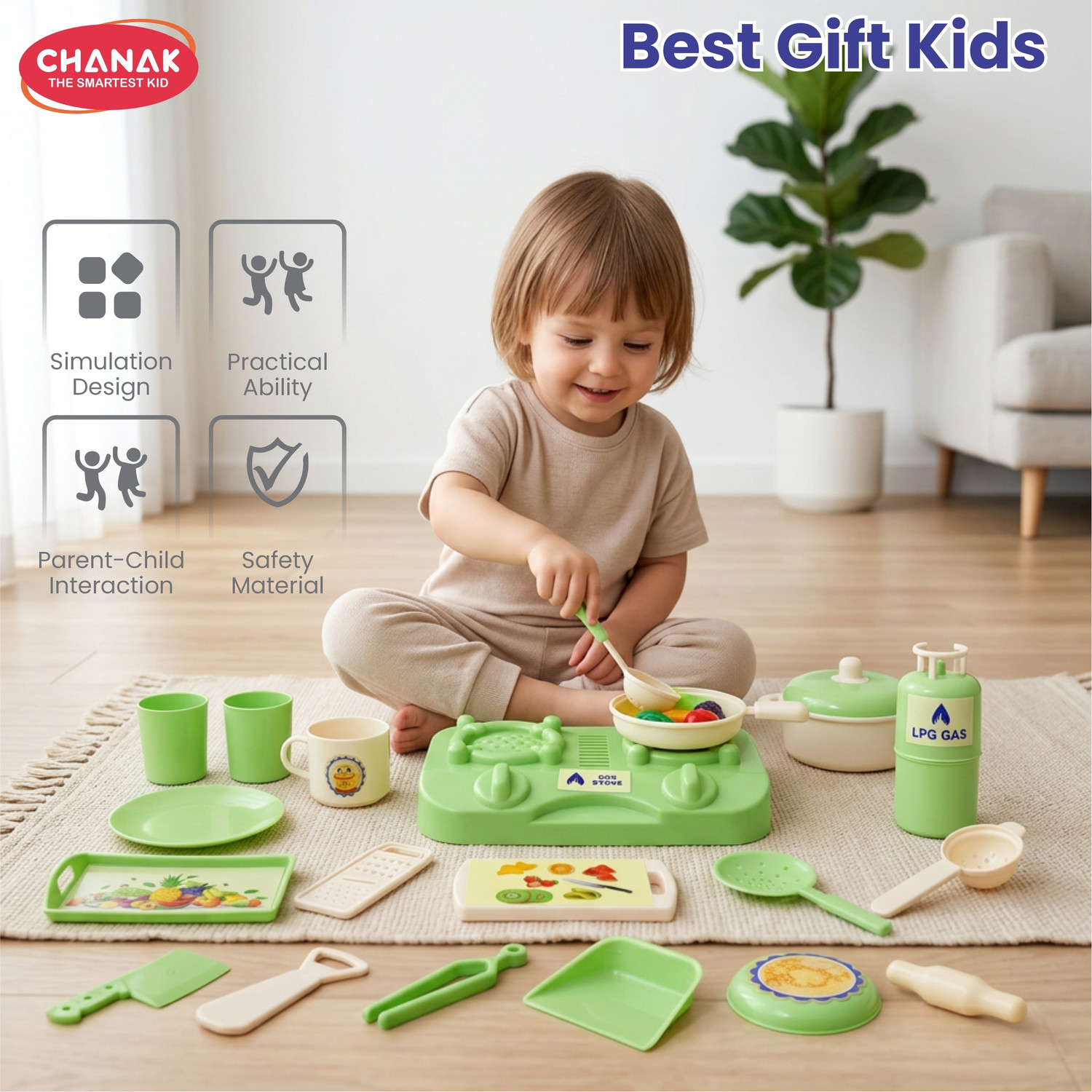Image of CHANAK Kitchen Fresh Pretend Play Cook Set for Kids with Stove & Utensils (Green)