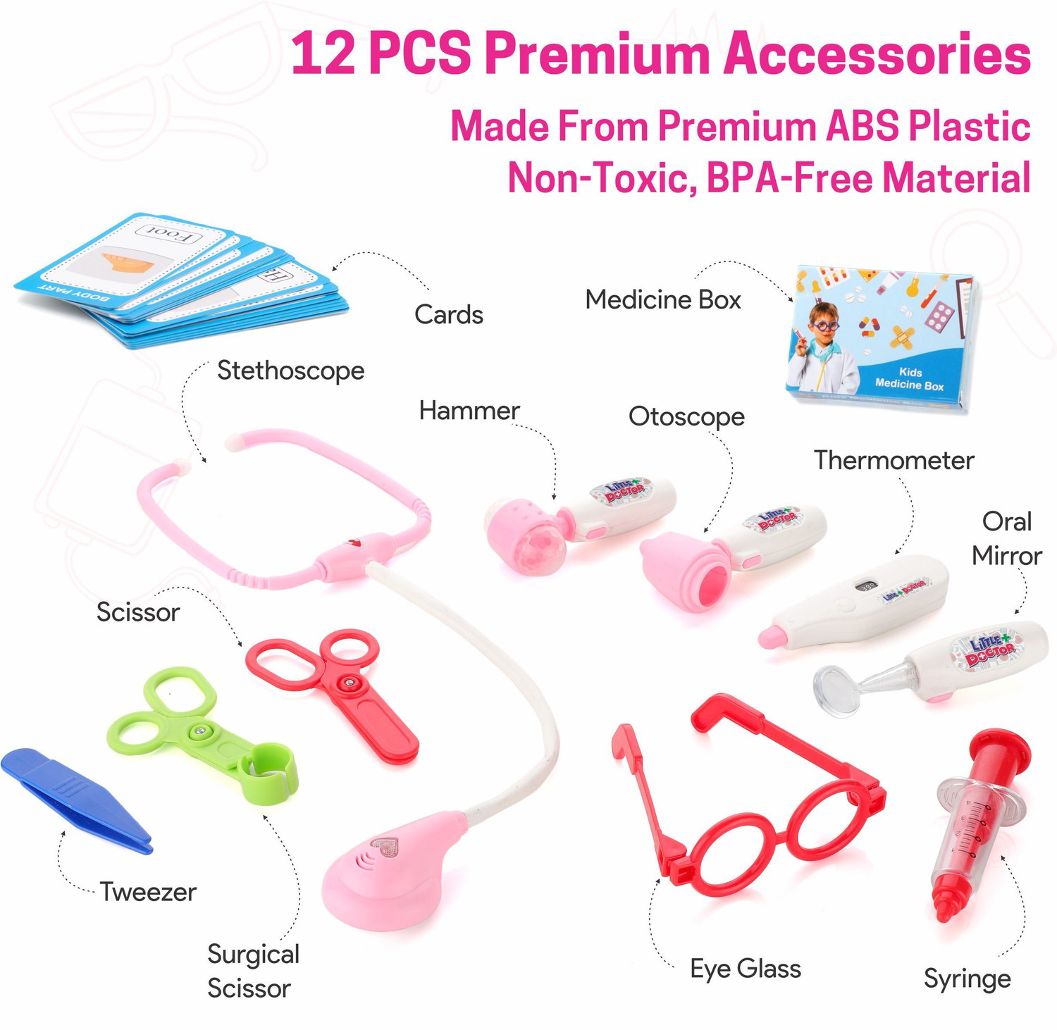 Image of 333MART Doctor Set Trolley for Kids LED Light Instruments 13 Piece Doctor Kit (Pink)