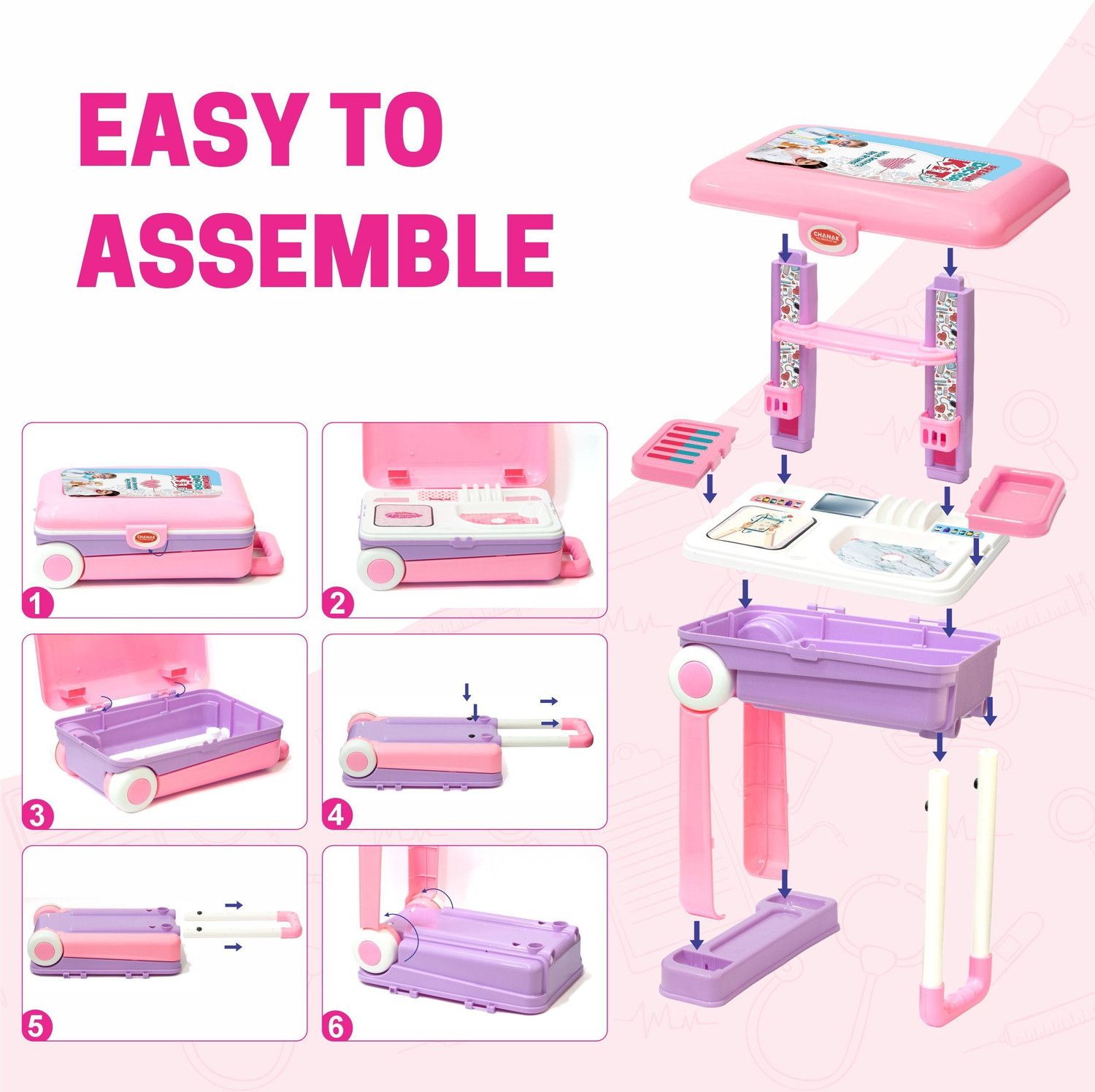 Image of Aditi Toys Doctor Set Trolley for Kids LED Light Instruments 13 Piece Doctor Kit (Pink)