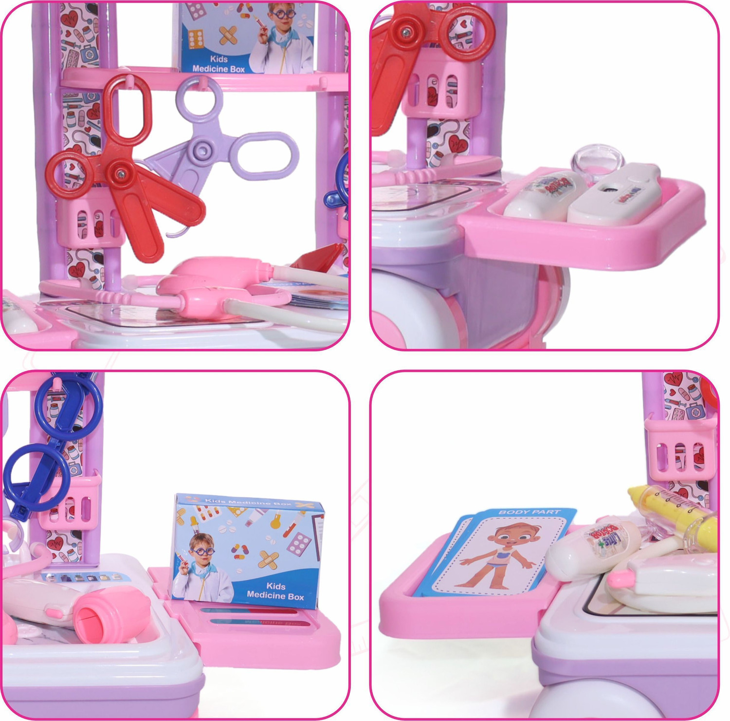 Image of 333MART Doctor Set Trolley for Kids LED Light Instruments 13 Piece Doctor Kit (Pink)