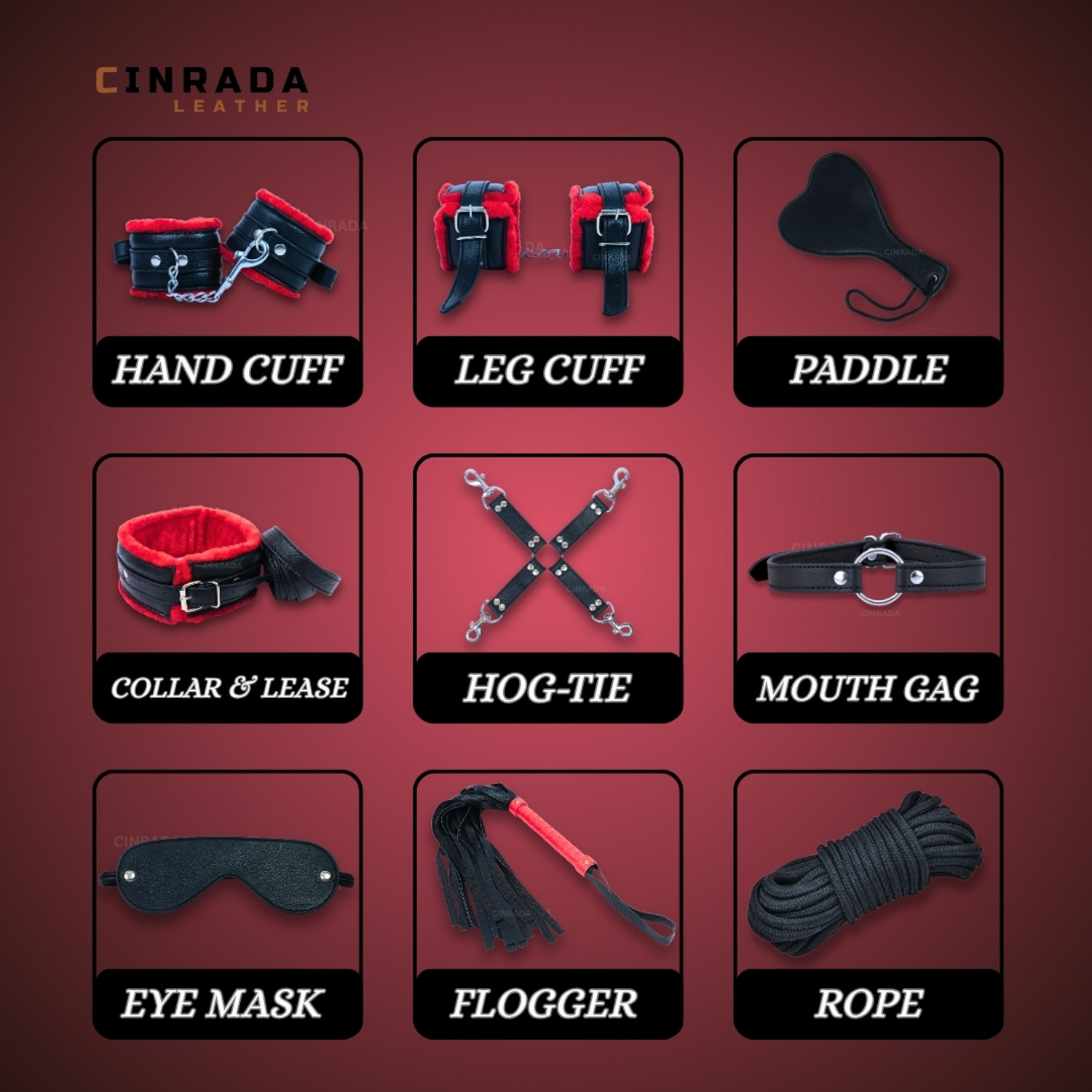 Image of cinrada Handcuff Role Play Kit Red & Black - 9 Pcs Combo Set For Couples
