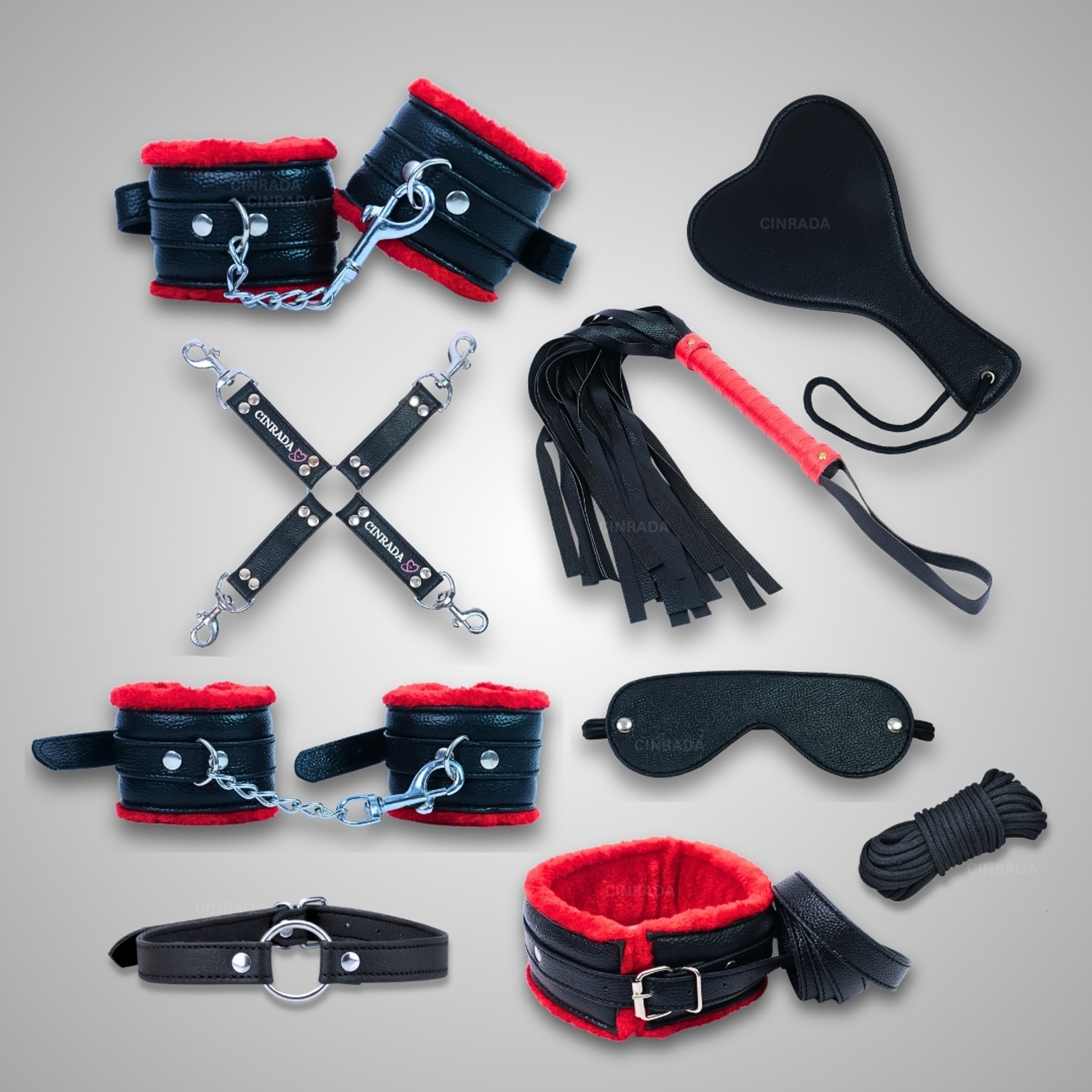 Image of cinrada Handcuff Role Play Kit Red & Black - 9 Pcs Combo Set For Couples