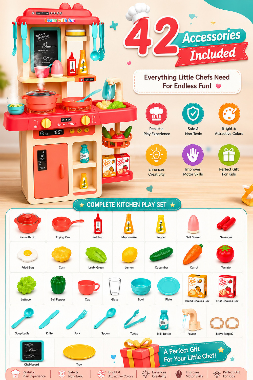 Image of Learn With Fun 42 Pieces Kitchen Set Steam Water Light Sound Chef Playset For Kids