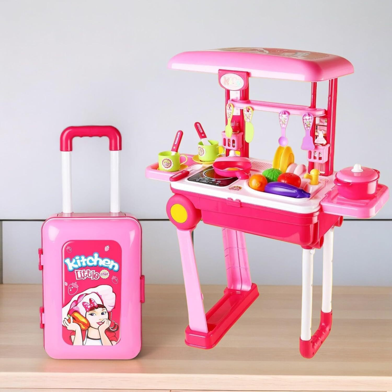 Image of Kidzblend Trolley Kitchen Set, Pretend Play Cooking Set for Girls with 23 Pieces