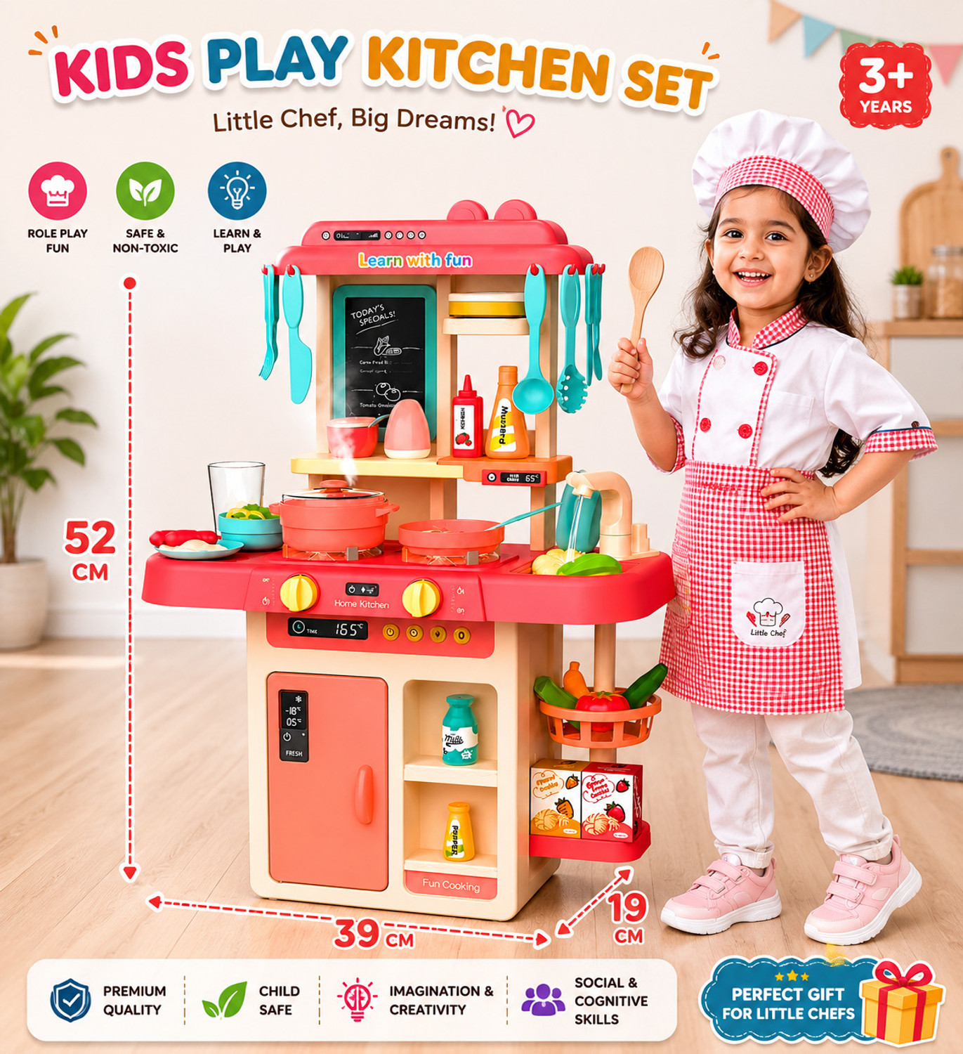 Image of Learn With Fun 42 Pieces Kitchen Set Steam Water Light Sound Chef Playset For Kids