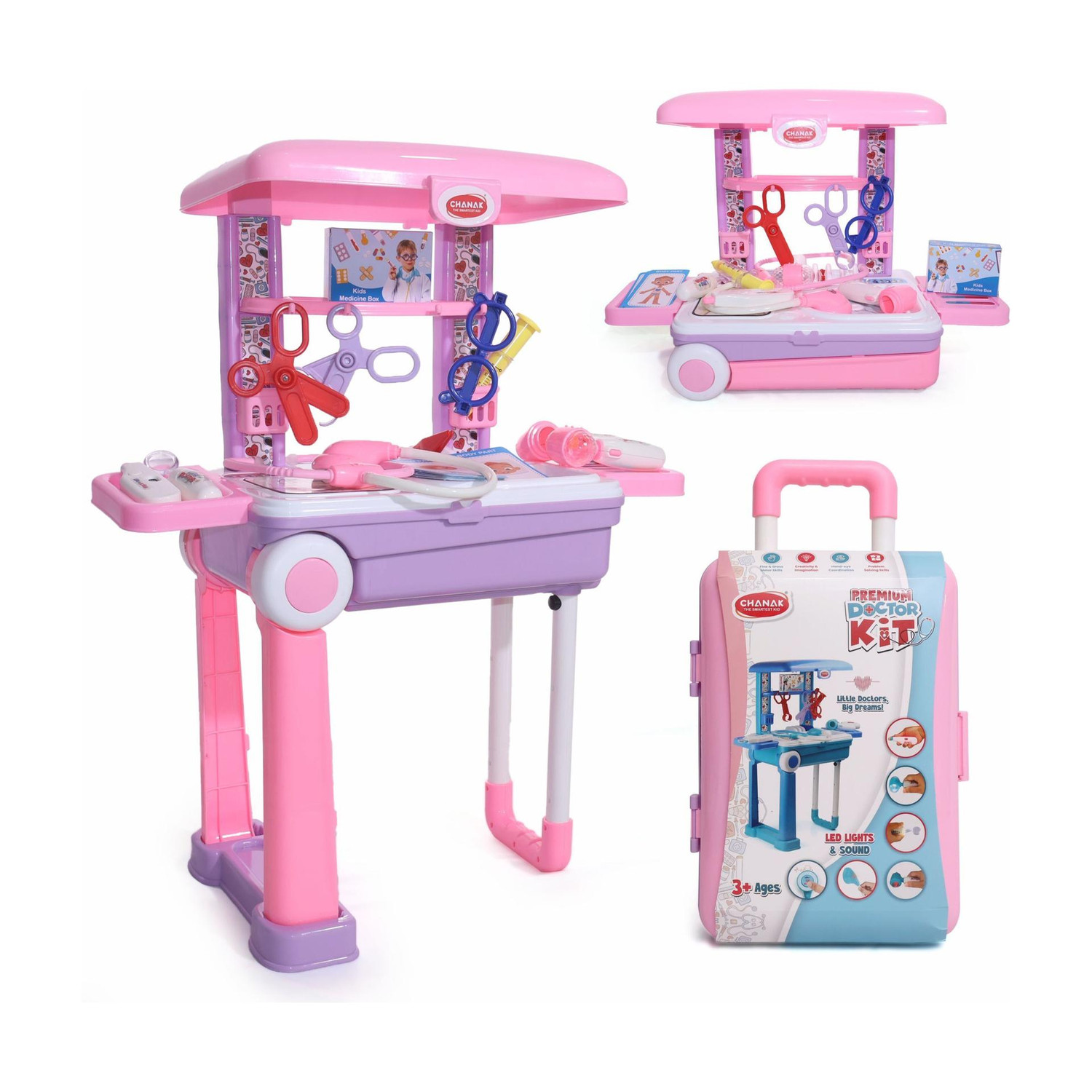 Image of 333MART Doctor Set Trolley for Kids LED Light Instruments 13 Piece Doctor Kit (Pink)