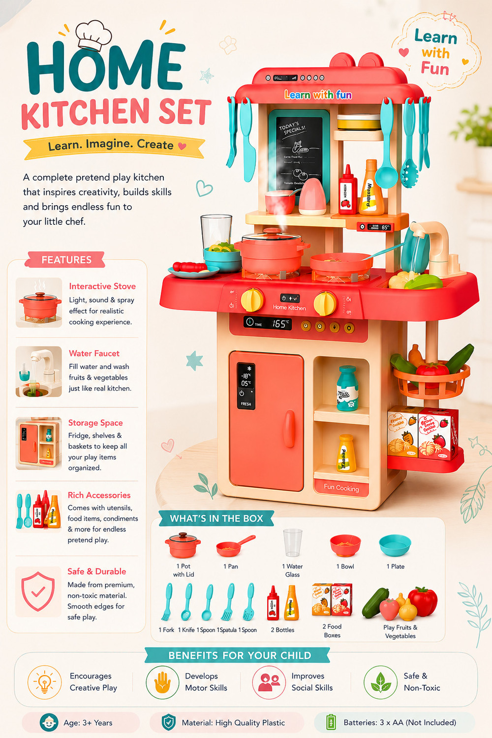 Image of Learn With Fun 42 Pieces Kitchen Set Steam Water Light Sound Chef Playset For Kids