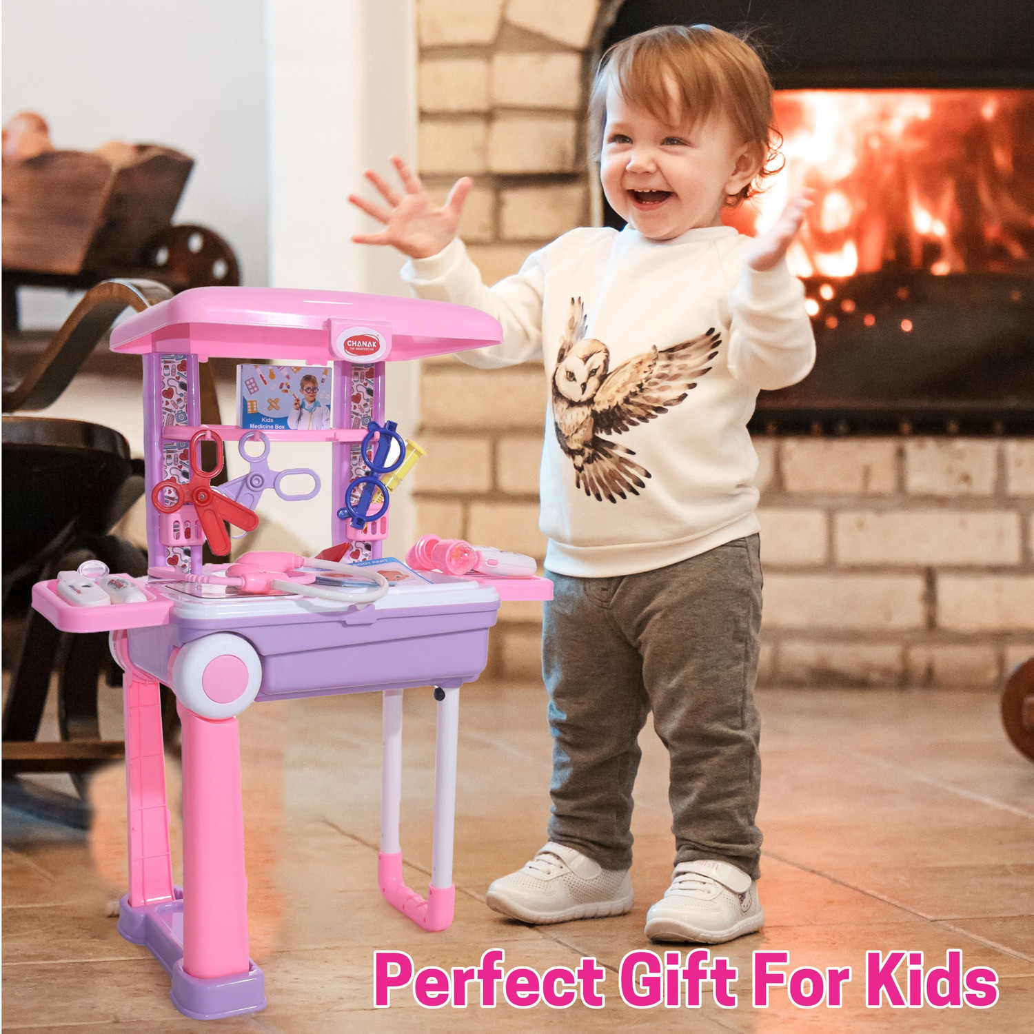 Image of 333MART Doctor Set Trolley for Kids LED Light Instruments 13 Piece Doctor Kit (Pink)