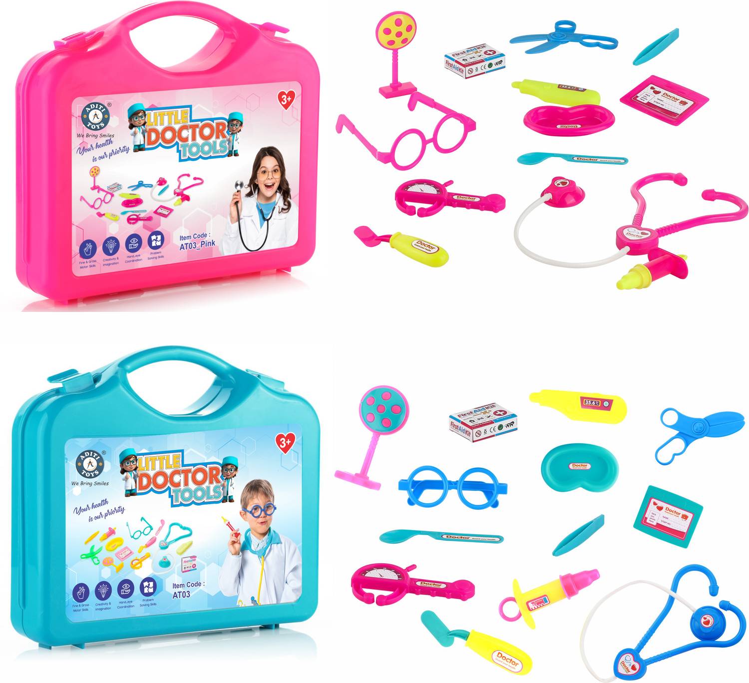 333MART Doctor Playset Foldable Suitcase for Kids (Blue/Pink)