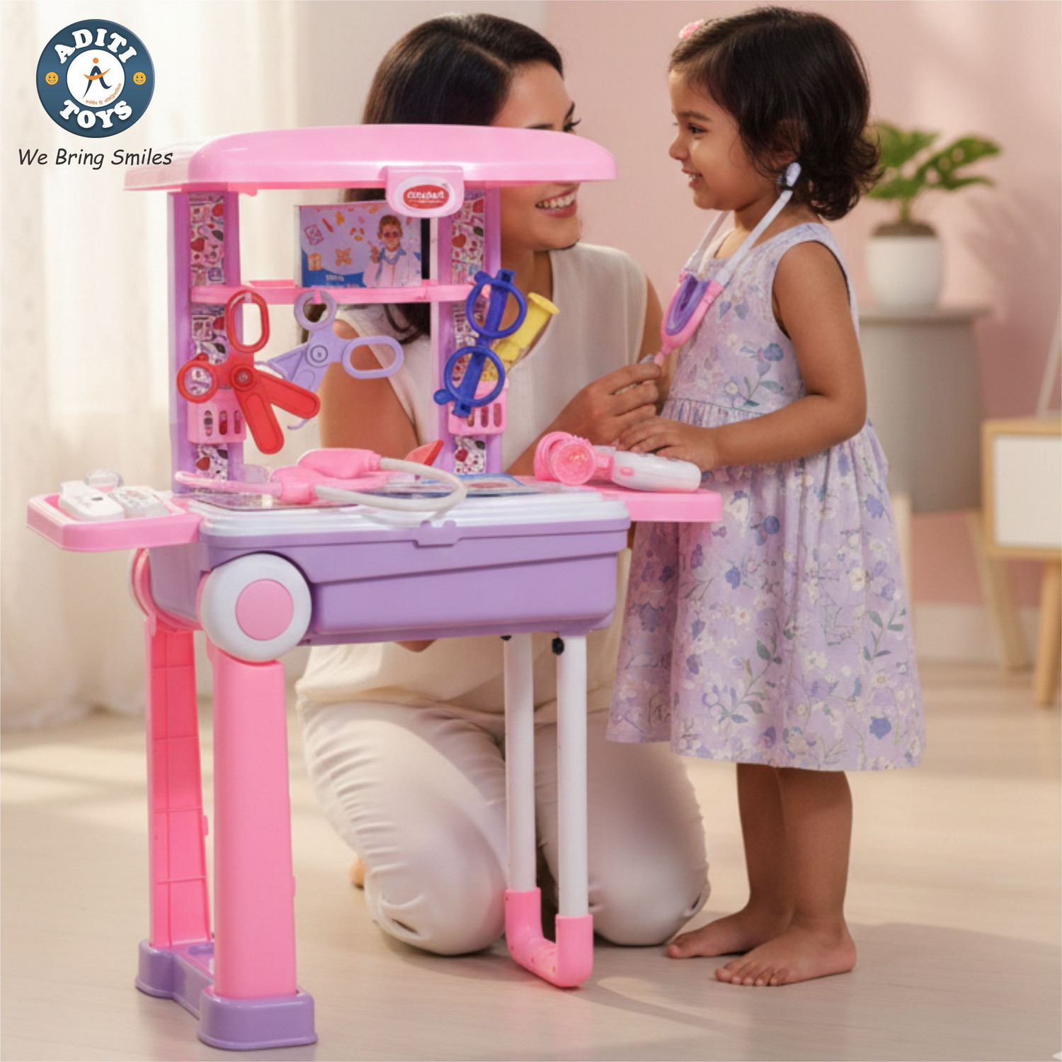Image of Aditi Toys Doctor Set Trolley for Kids LED Light Instruments 13 Piece Doctor Kit (Pink)