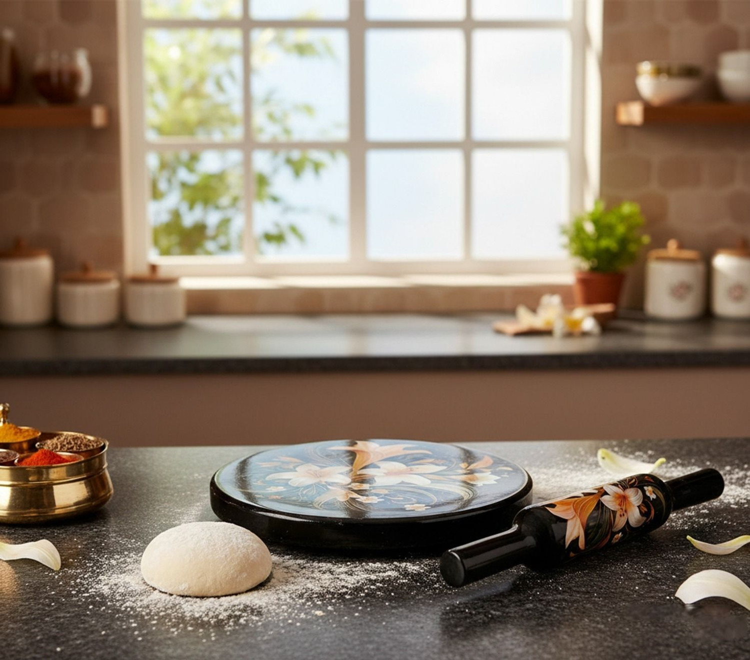 Image of Maaz Printed Marble Chakla /Rolling Pin Board /Roti Maker /Chakla Rolling Pin & Board