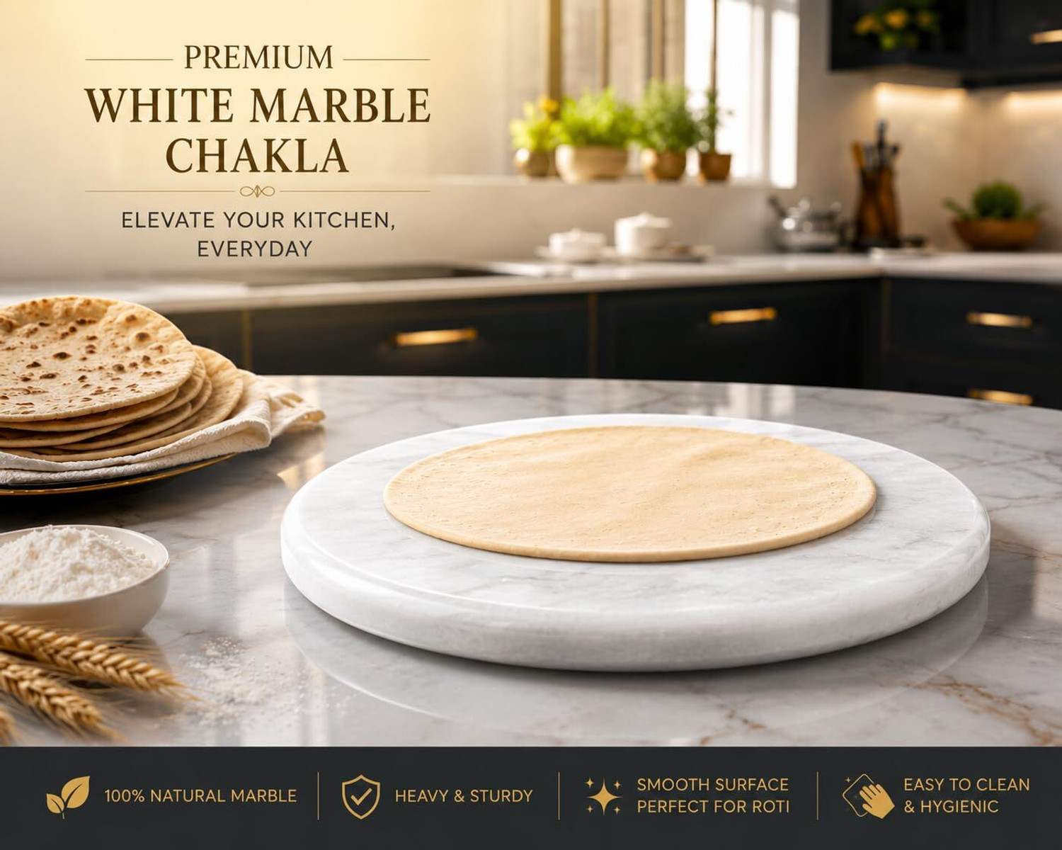 Image of NKB CRAFT Marble Chakla Roti Maker Natural Stone Kitchen Rolling Board Rolling Pin