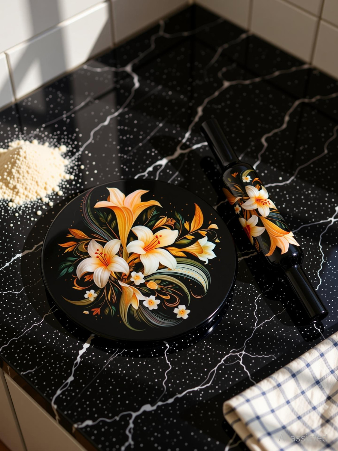 Image of Maaz Printed Marble Chakla /Rolling Pin Board /Roti Maker /Chakla Rolling Pin & Board