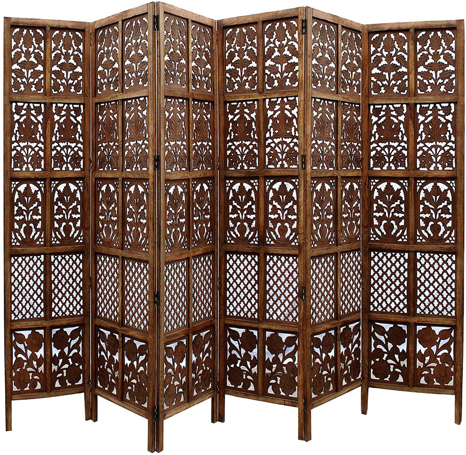 Image of Decorhand Handcrafted 6 Panel Wooden Room Partition & Room Divider (Brown) Solid Wood Decorative Screen Partition
