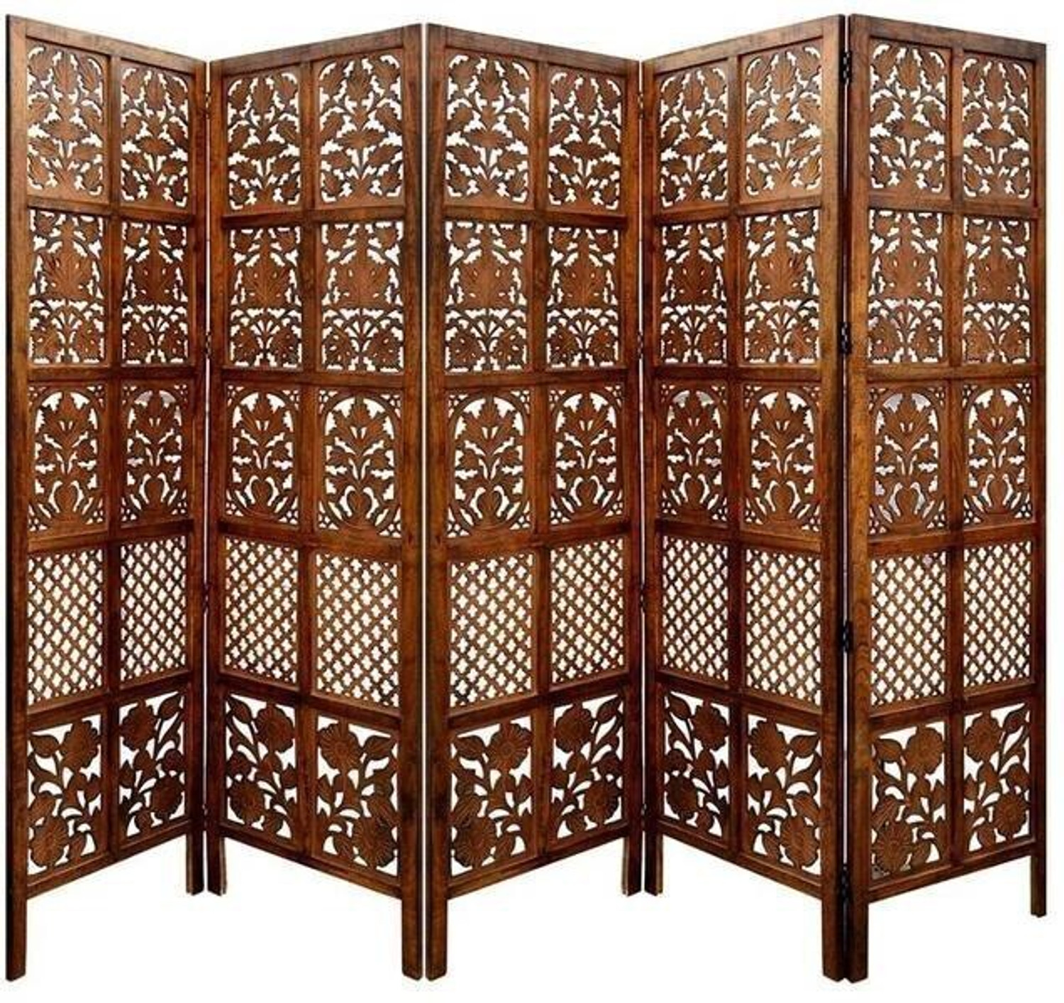 Image of Decorhand Handcrafted 5 Panel Wooden Room Partition & Room Divider ( Brown) Solid Wood Decorative Screen Partition Solid Wood Decorative Screen Partition