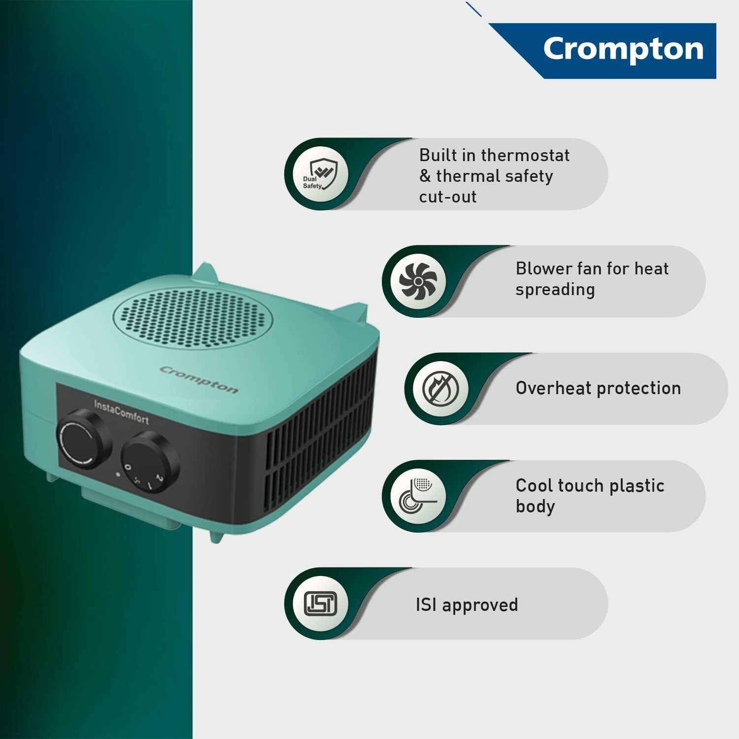 Image of Crompton Insta Comfort Room Heater 2000 Watts Heat Convector with Adjustable Thermostats Hybrid Cyan (ACGRH- INSTACOMFORT) Fan Room Heater