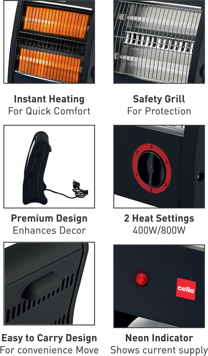 Image of cello Superwarm 100 (800W) | 2 Heat Settings-400W /800 Watts | Neon Indicator | Grey | Quartz Room Heater