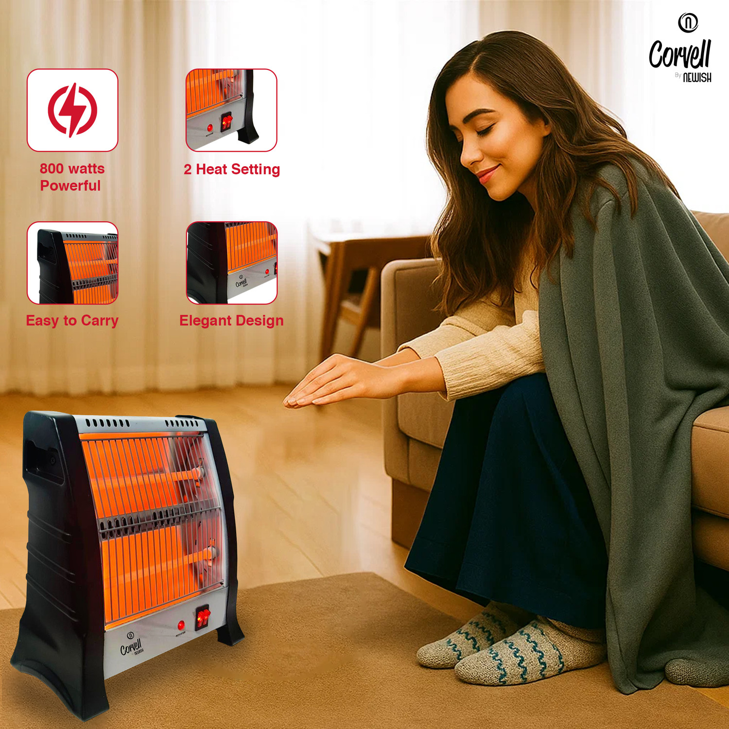 Image of Corvell 800W Quartz Room Heater | 2 Heat Settings | Portable & Fast Heating | Black Quartz Room Heater