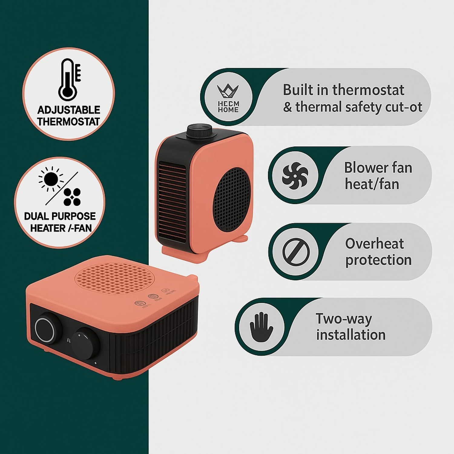 Image of Fox Fly 2000W Fan Room Heater with Adjustable Thermostat & Dual Heat Settings Fan Room Heater