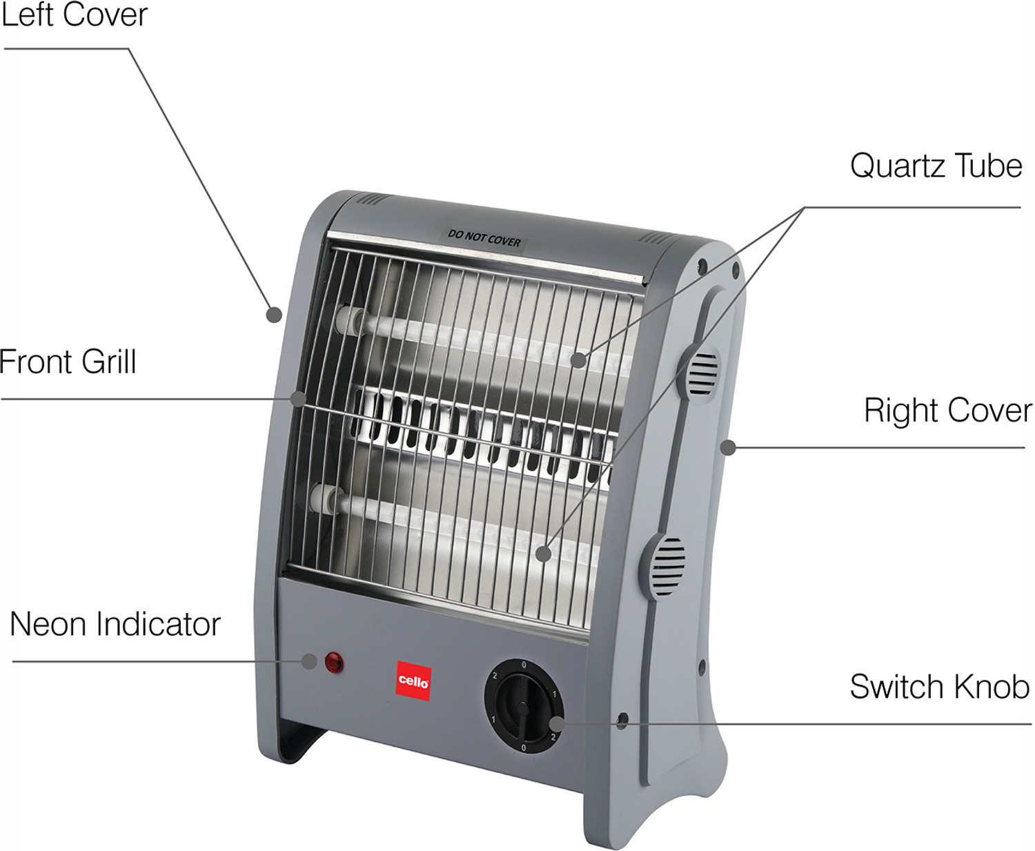 Image of cello Superwarm 100 (800W) | 2 Heat Settings-400W /800 Watts | Neon Indicator | Grey | Quartz Room Heater