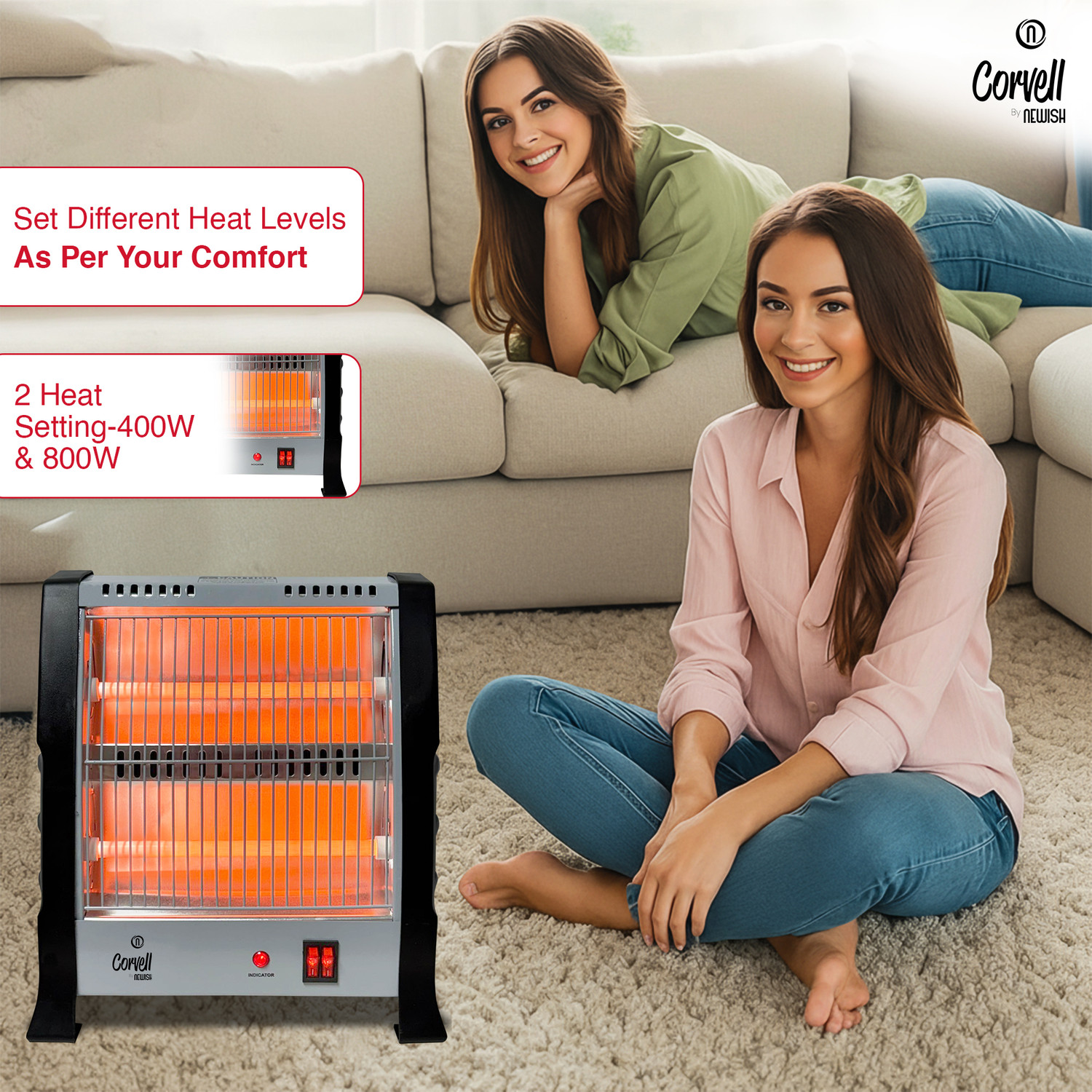 Image of Corvell 800W Quartz Room Heater | 2 Heat Settings | Portable & Fast Heating | Black Quartz Room Heater