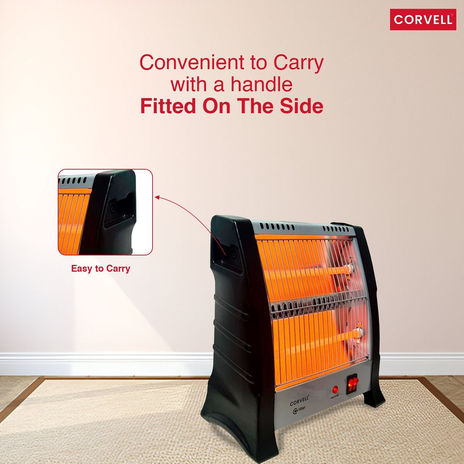 Image of Corvell 800W Quartz Room Heater | 2 Heat Settings | Portable & Fast Heating | Black Quartz Room Heater