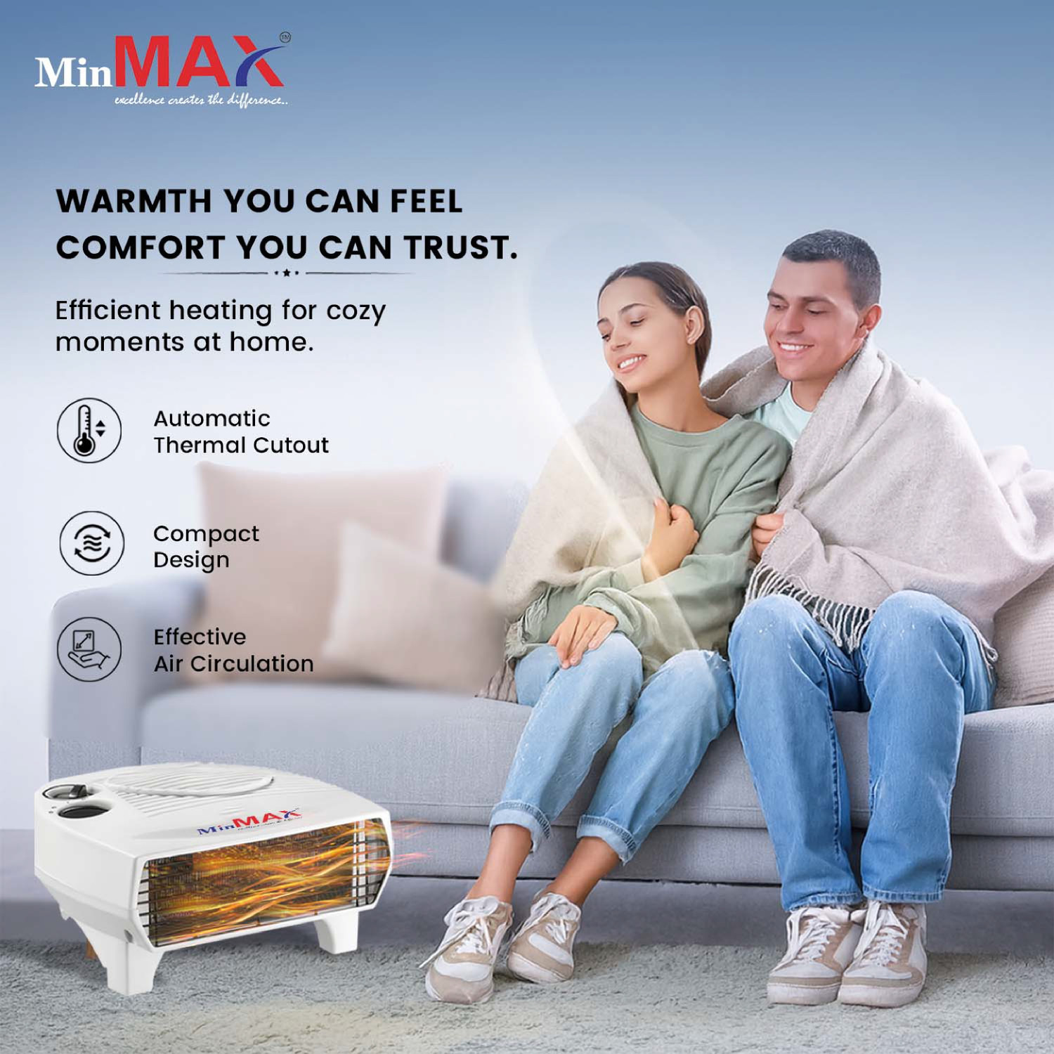 Image of MinMAX Safe and Noiseless Fan Room Heater II 100% Copper II BEE Rated II White Fan Room Heater