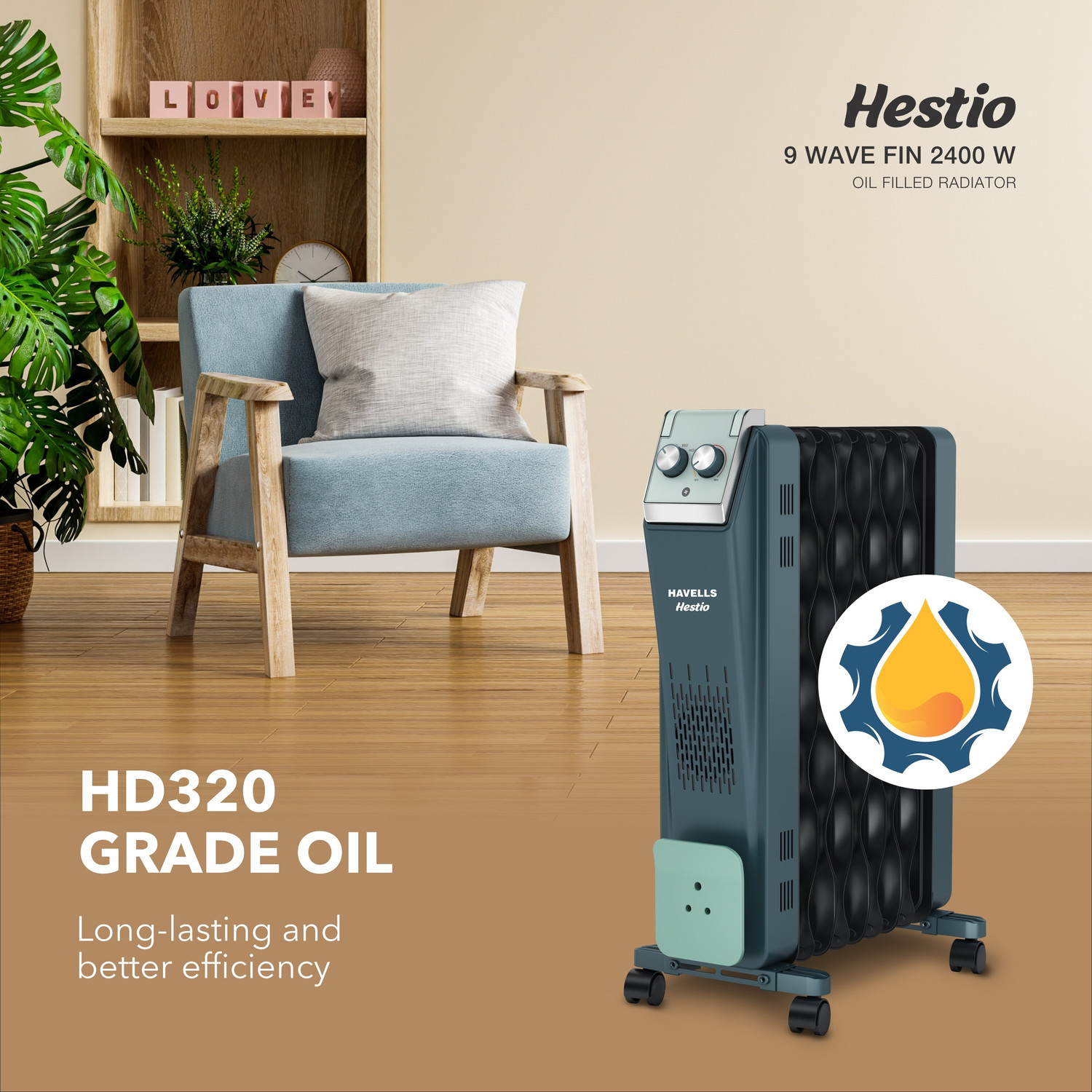 Image of HAVELLS GHROFCJN240 Hestio 9 Wave Fin Oil Filled Room Heater