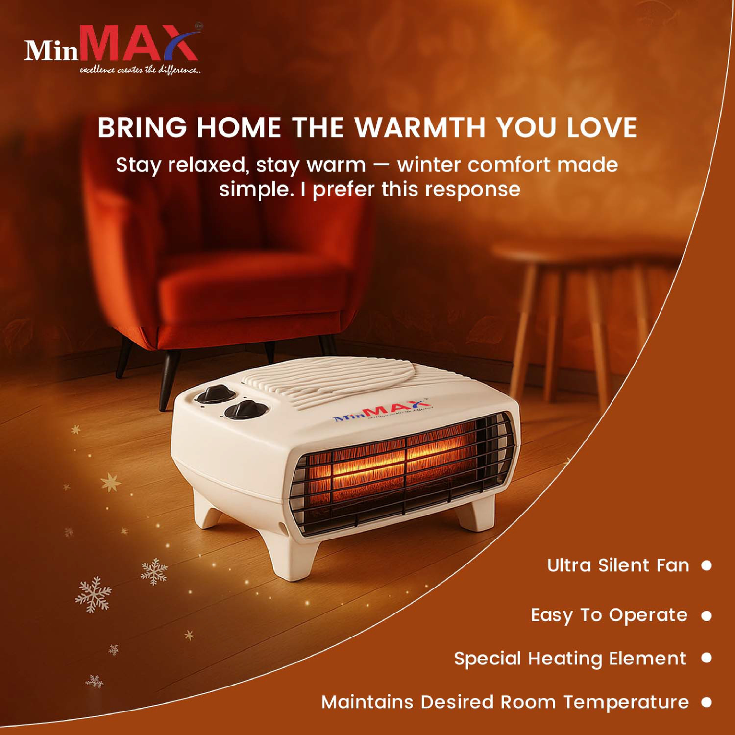 Image of MinMAX Safe and Noiseless Fan Room Heater II 100% Copper II BEE Rated II White Fan Room Heater