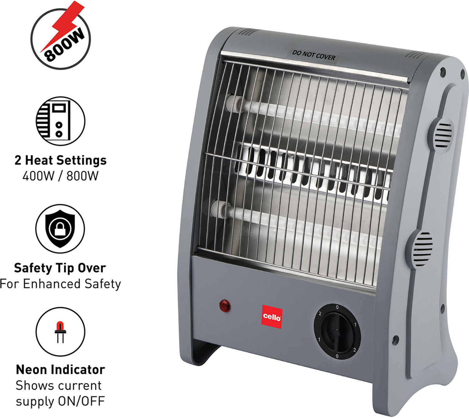 Image of cello Superwarm 100 (800W) | 2 Heat Settings-400W /800 Watts | Neon Indicator | Grey | Quartz Room Heater
