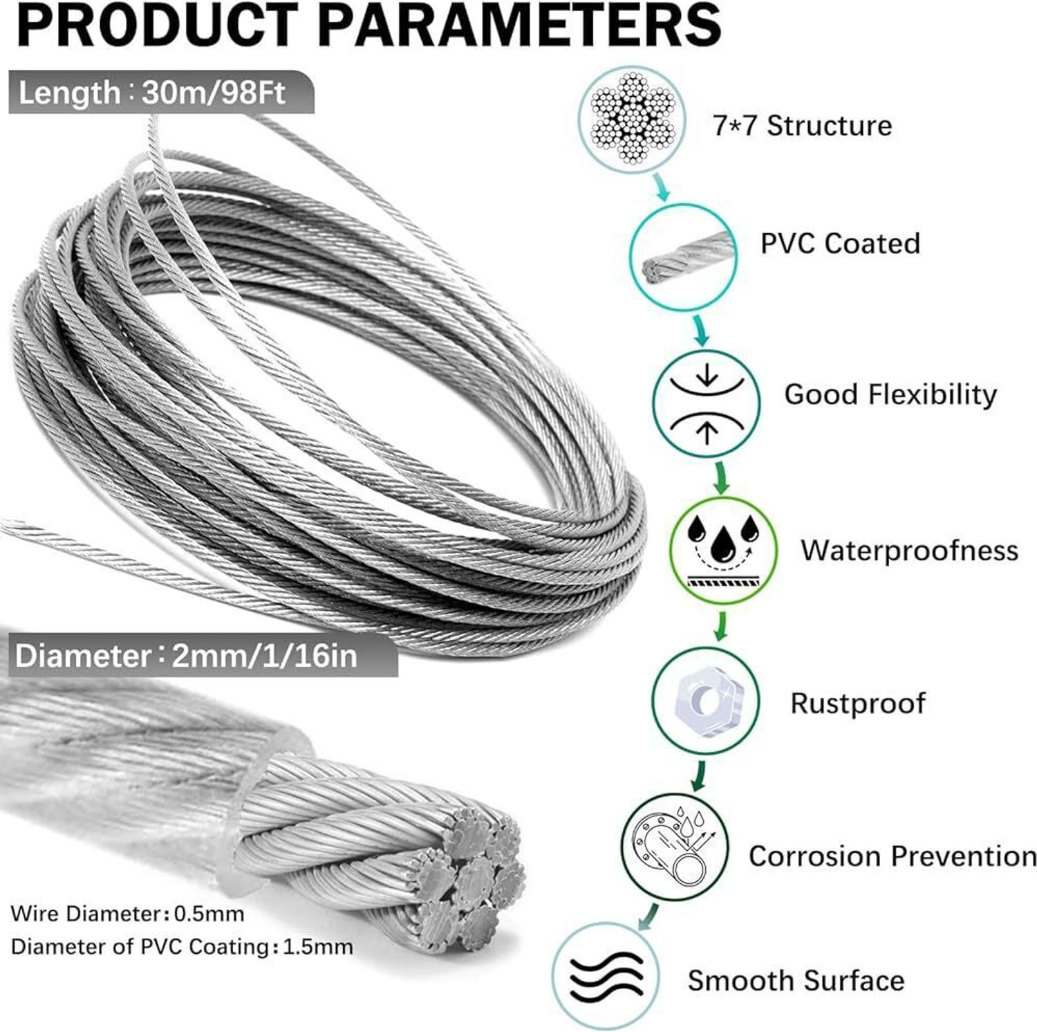 Image of Siya Corporation Heavy Duty Stainless Steel Clothesline with Hooks 5 m Silver