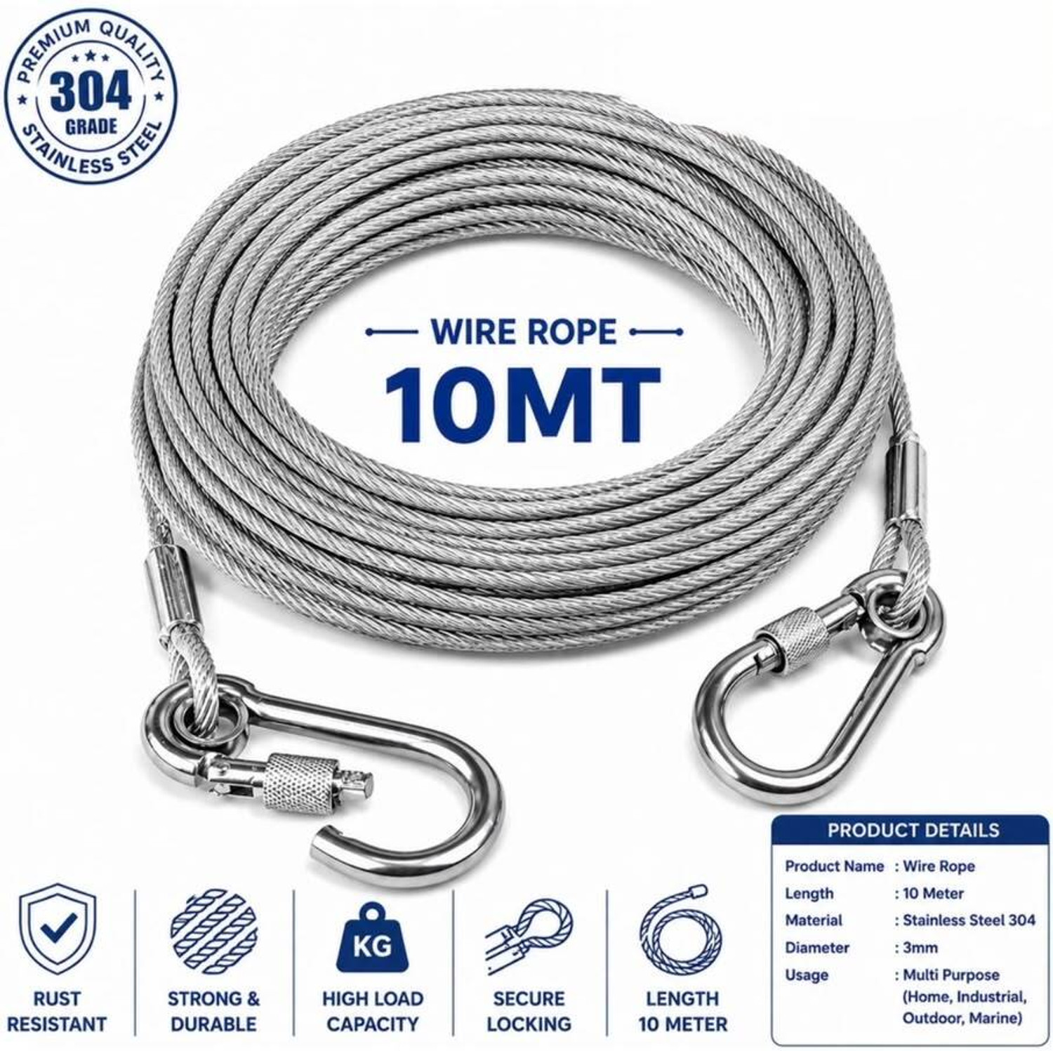 Image of Siya Corporation Heavy Duty Stainless Steel Clothesline with Hooks 5 m Silver