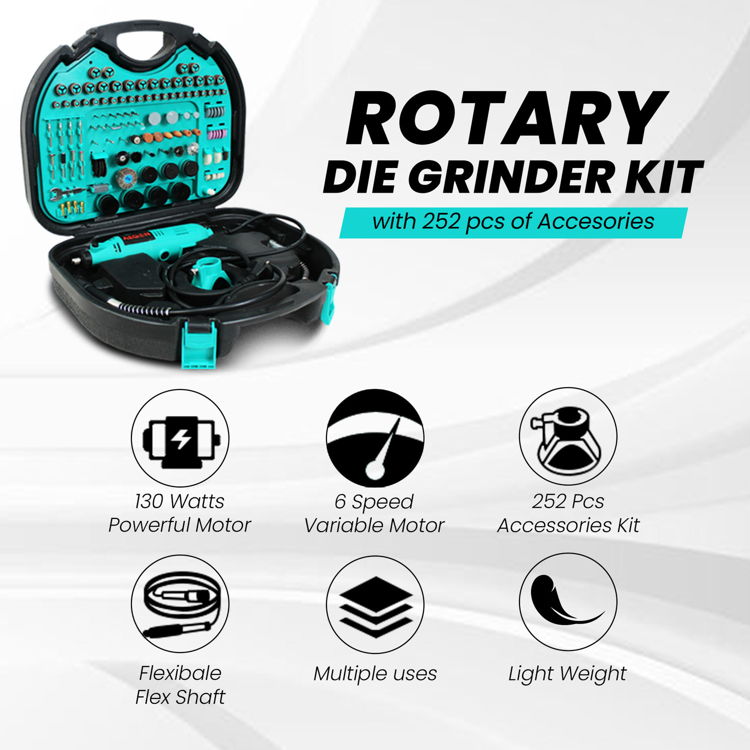 Image of AEGON Die Grinder Kit with 252 Pcs Accs. | 6 Adjustable Speed | 130W Die Grinder Kit with 252 Pcs Accs. | 6 Adjustable Speed | 130W Rotary Tool