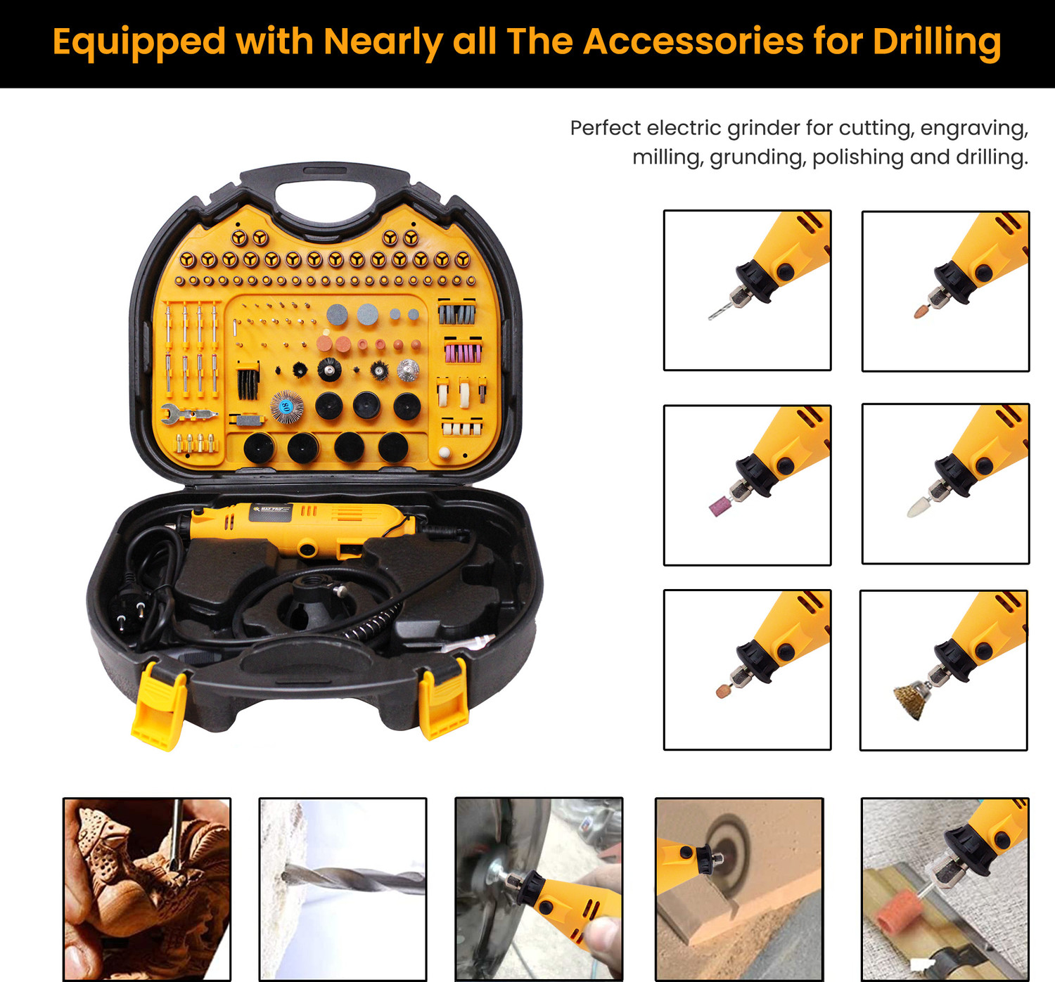 Image of Maf Pro MG2525 Mini 252 Pieces Die Grinder Kit with Flexible Shaft Variable Speed Rotary Tool