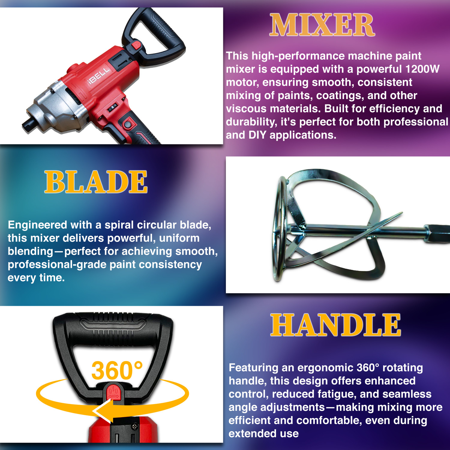 Image of iBELL PM12-50S Paint Mixer, 1200W Electric Stirrer with Variable Speed Control, 0-1050 RPM High-Speed, Heavy Duty 220V Handheld Blender for Paint,Cement,Putty & Paste, Rotary Tool