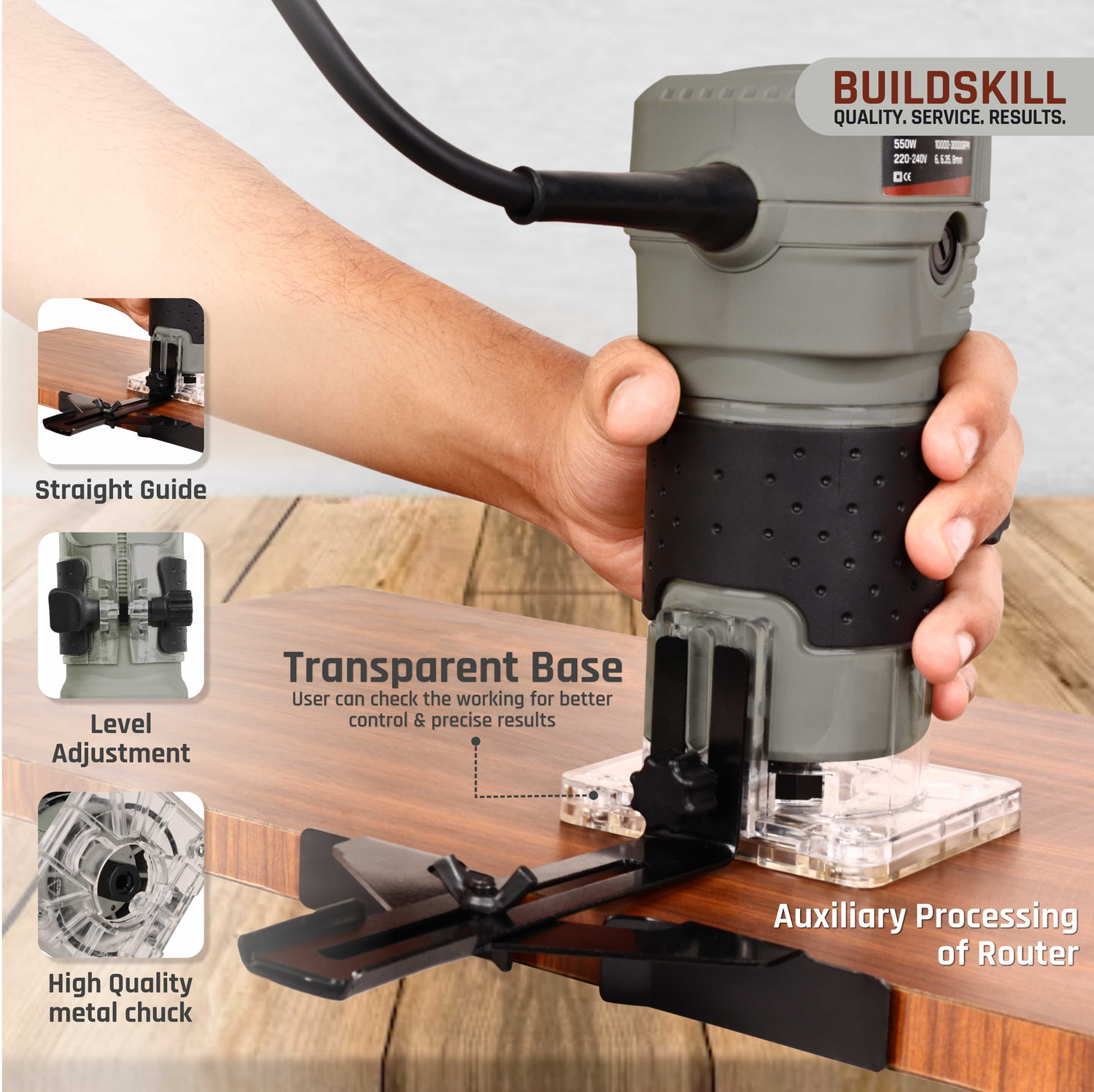 Image of BUILDSKILL 550W Wood Router | 6-Speed | 10000-30000RPM | 6 /6.35 /8mm Collets | Copper Motor BPT5501 Rotary Tool