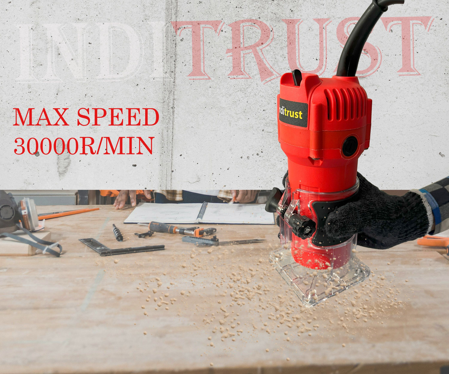 Image of Inditrust 700w 6.35mm Trimmer Wood Trimmer Machine 6 Month Warranty Copper Winding for multipurpose wood working Rotary Tool