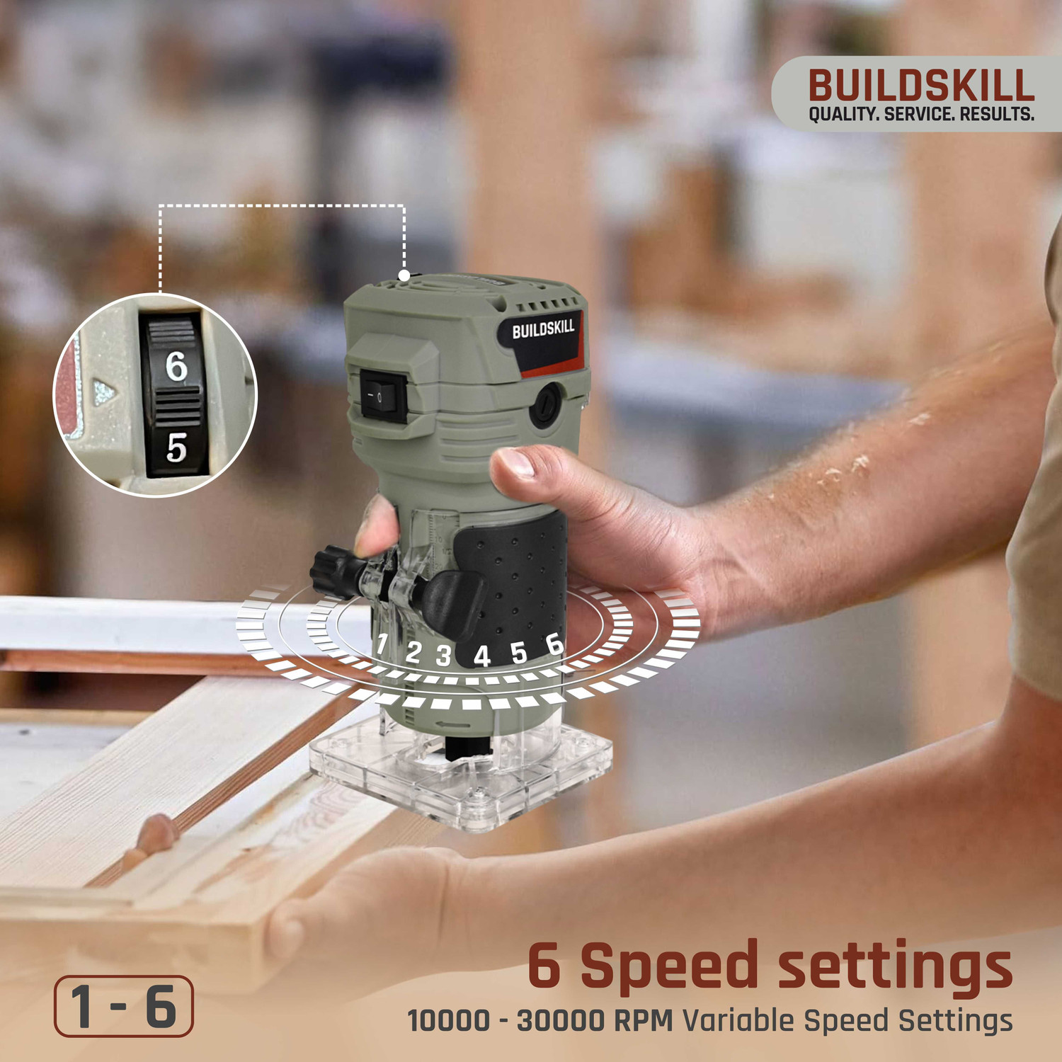 Image of BUILDSKILL 550W Wood Router | 6-Speed | 10000-30000RPM | 6 /6.35 /8mm Collets | Copper Motor BPT5501 Rotary Tool