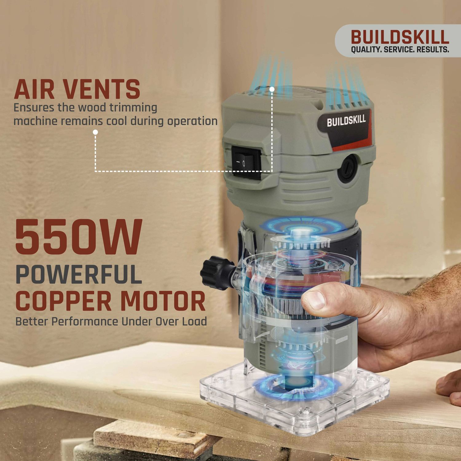 Image of BUILDSKILL 550W Wood Router | 6-Speed | 10000-30000RPM | 6 /6.35 /8mm Collets | Copper Motor BPT5501 Rotary Tool