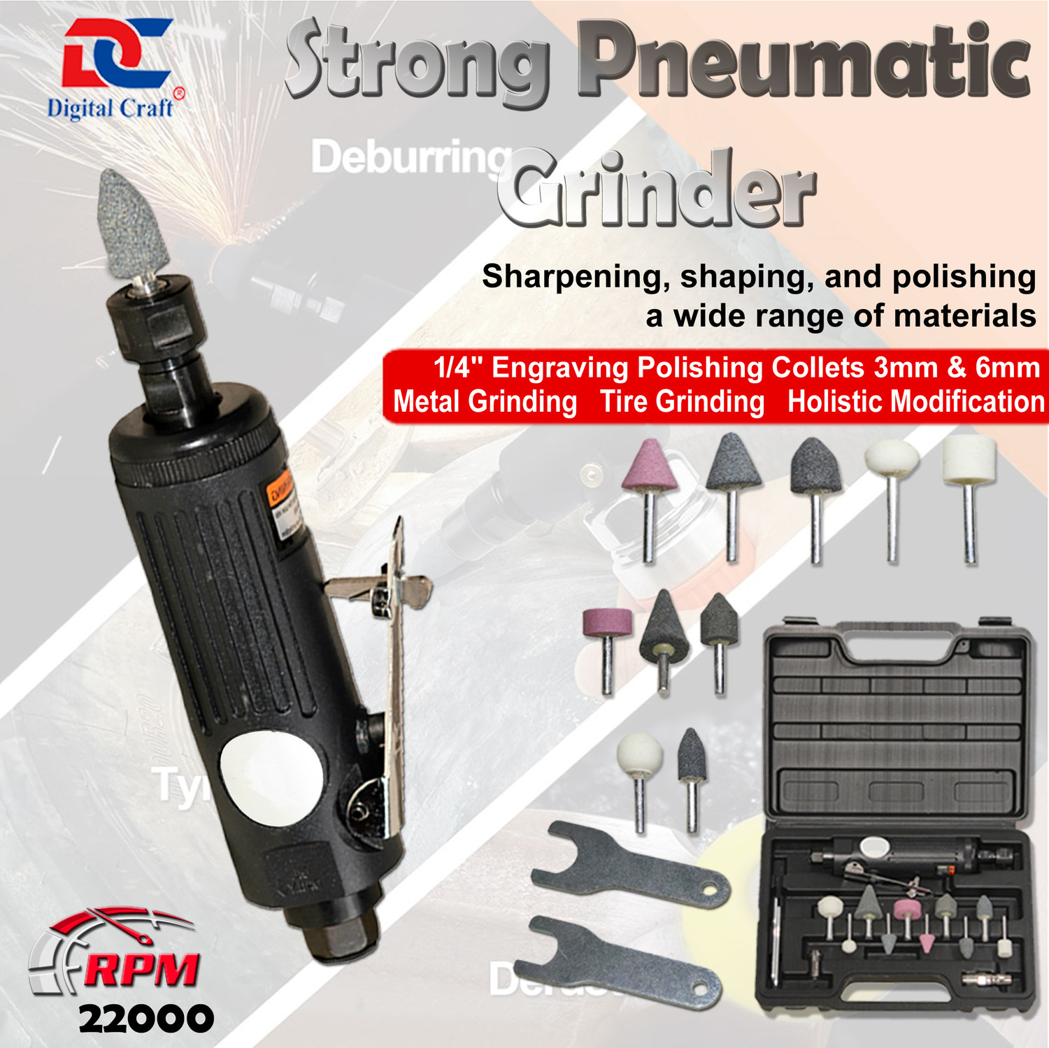 Image of Digital Craft Polisher Sander Kit For Tire Repair, 1 /4 inch Engraving Polishing Collets 3mm & 6mm Pneumatic Air Die Grinder Machine,4Pc Stone Set,3Pc Emery Cloth Grinding Wheel Rotary Tool