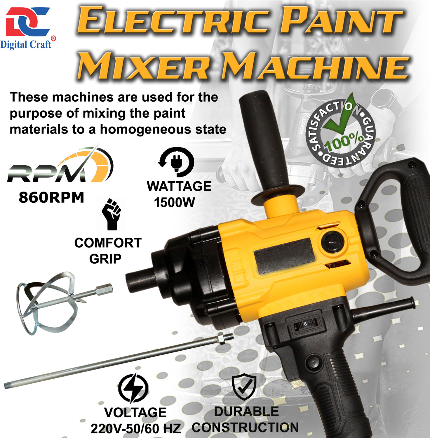 Image of Digital Craft 1500W Industrial Mixer Paint Cement Paint Putty Mixing Machine Speed Regulation Paint Mixer Machine,25mm Wood Chisel,2 In 1 Screw Driver Rotary Tool