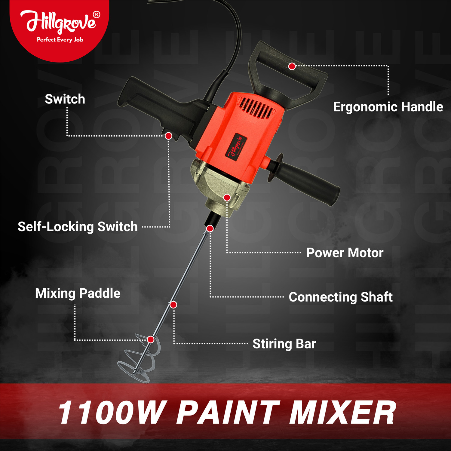 Image of Hillgrove HGCM1423M2 1100W 100% Copper Paint Wall Putty Cement Mixer Mixing Machine HGCM1423M2 Grinder Machine with Rod Rotary Tool