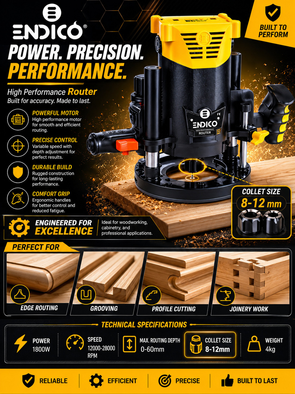 Image of endico Electric Wood Working Router /Trimmer 1300W PARA-12TPR Rotary Tool (12 mm) PARA12TPR Rotary Tool