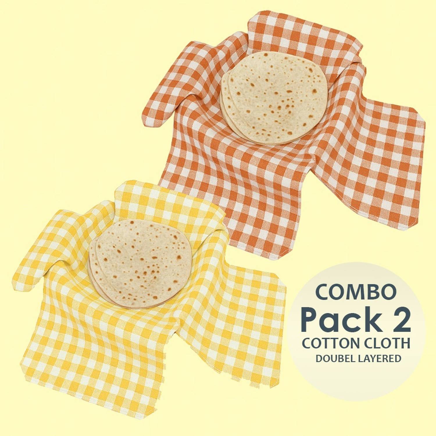 Aarnikawrap Ajoop Check Double Layer Roti Cloth Combo (Yellow & Orange, Pack of 2, Cotton) Checkered Roti Square Flap Cover