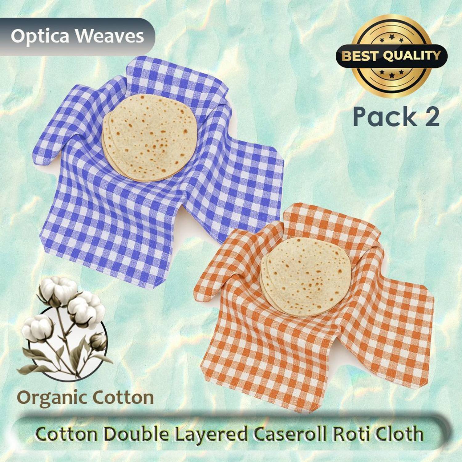 Aarnikawrap Cotton Double Layer Roti Clothes Wrap with Flaps, Cotton Cloth for Chapati Checkered Roti Round Flap Cover