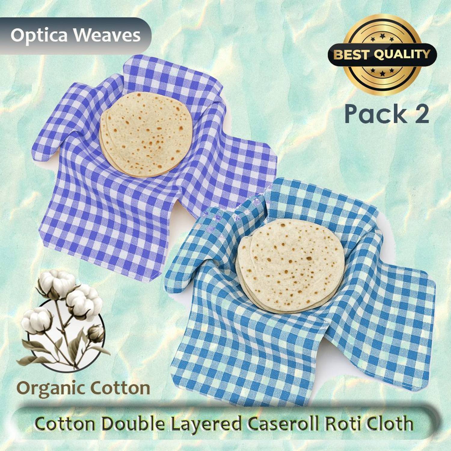 Aarnikawrap Cotton Double Layer Roti Clothes Wrap with Flaps, Cotton Cloth for Chapati Checkered Roti Round Flap Cover