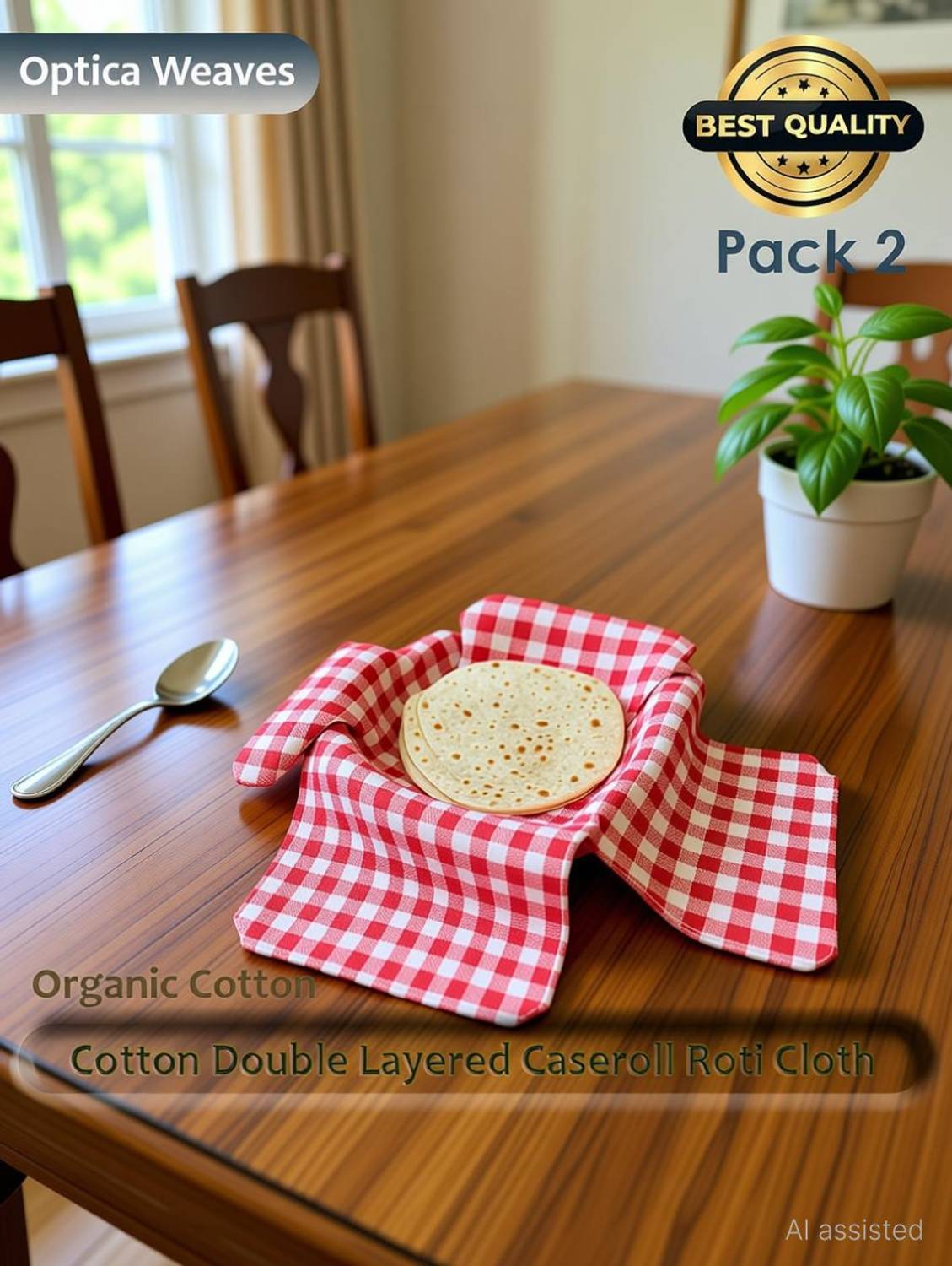 Aarnikawrap Cotton Double Layer Roti Clothes Wrap with Flaps, Cotton Cloth for Chapati Checkered Roti Round Flap Cover