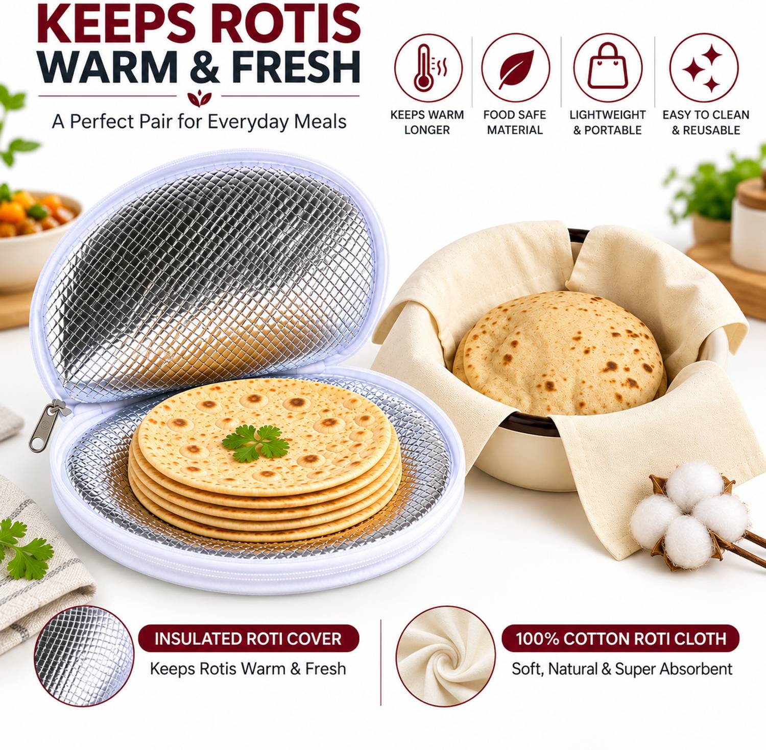 ARTHAM Insulated Cotton Roti Cover with Zip Solid Roti Round Disk Cover