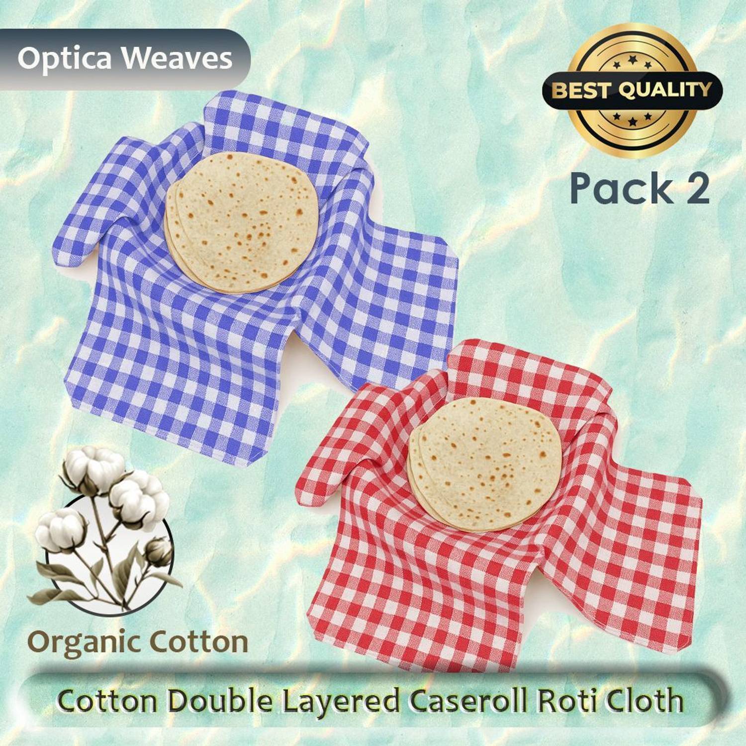 Aarnikawrap Cotton Double Layer Roti Clothes Wrap with Flaps, Cotton Cloth for Chapati Checkered Roti Round Flap Cover